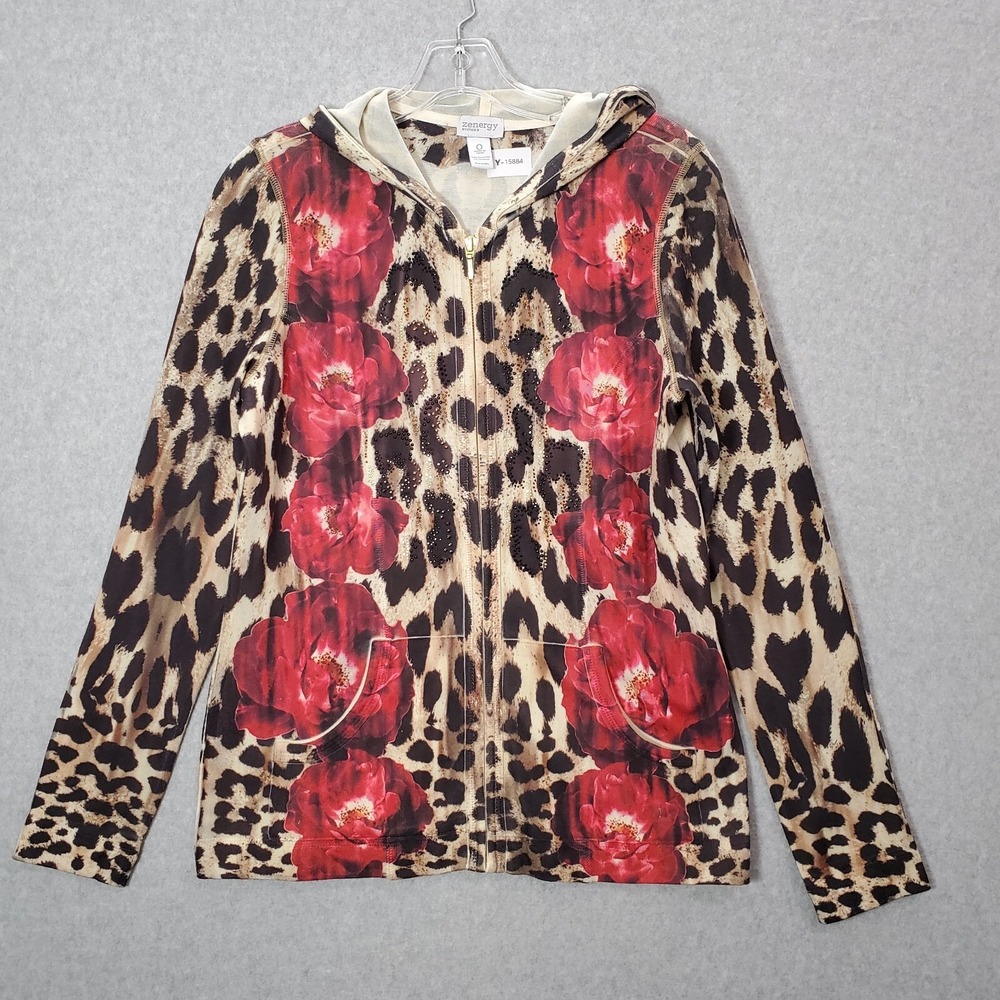 Zenergy Women Sweatshirt 0 Beige Leopard Floral Hoodie Full Zip Long Sleeve READ